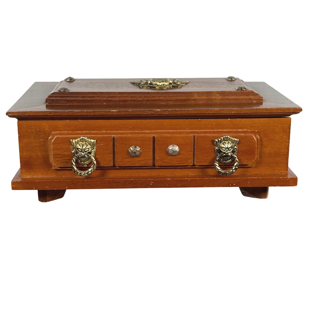 Vintage Wooden Jewelry Box Lion Head Crest Brass Hardware Brown Mid-Century